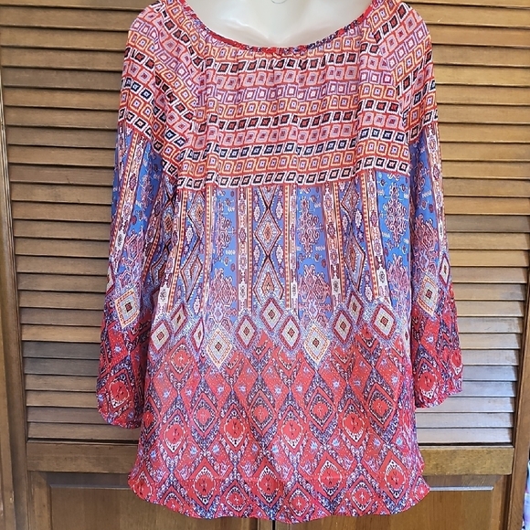 Sami & Jo Bohemian Red and Blue Women's Top button down light weight - Picture 9 of 12